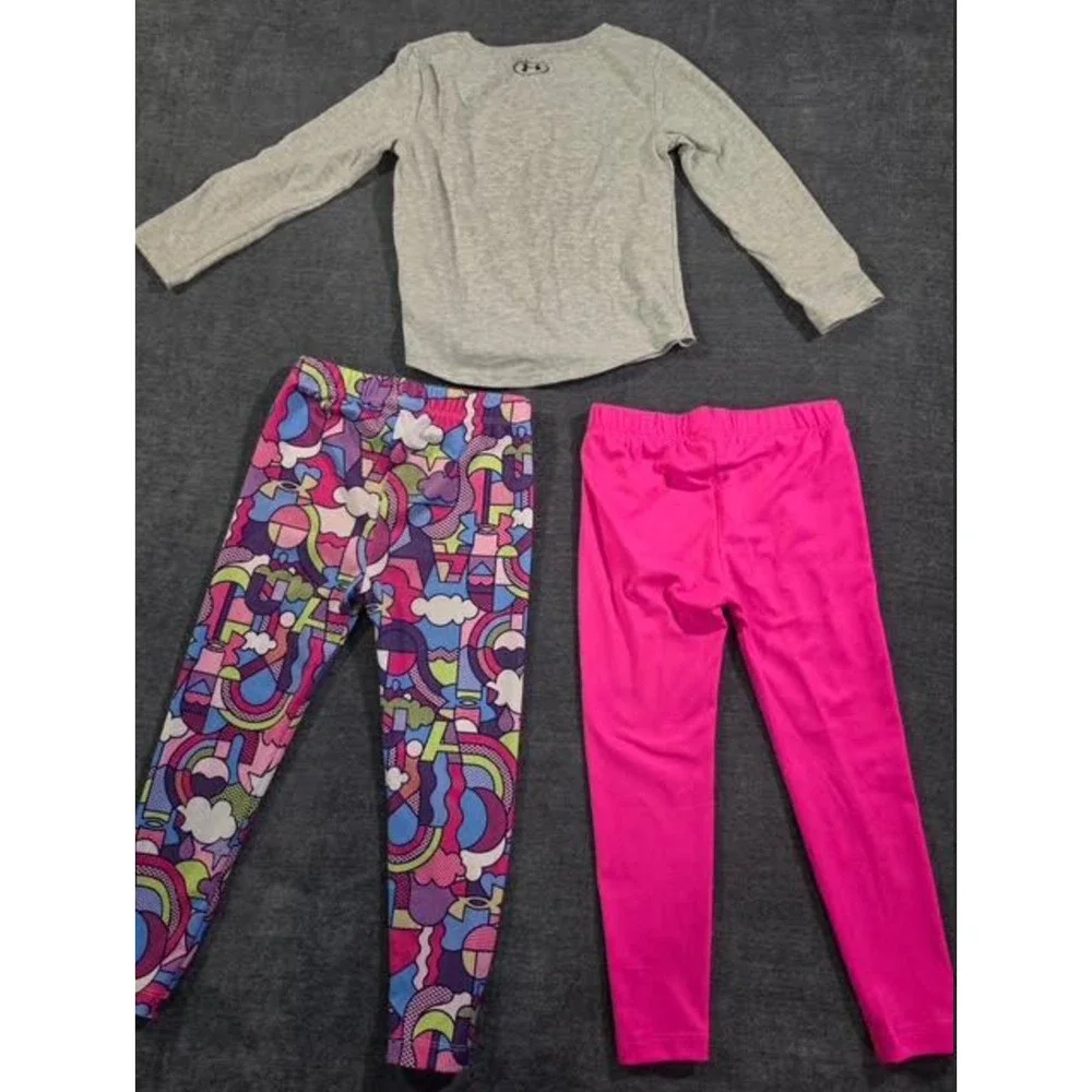 Under Armour Girls 3pc Set Long Sleeve Shirt & 2 Leggings Grey Pink Rainbow 4T 4